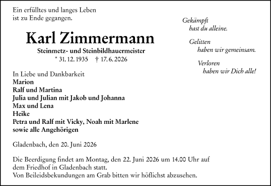 Traueranzeige von Karl Zimmermann von Hinterländer Anzeiger