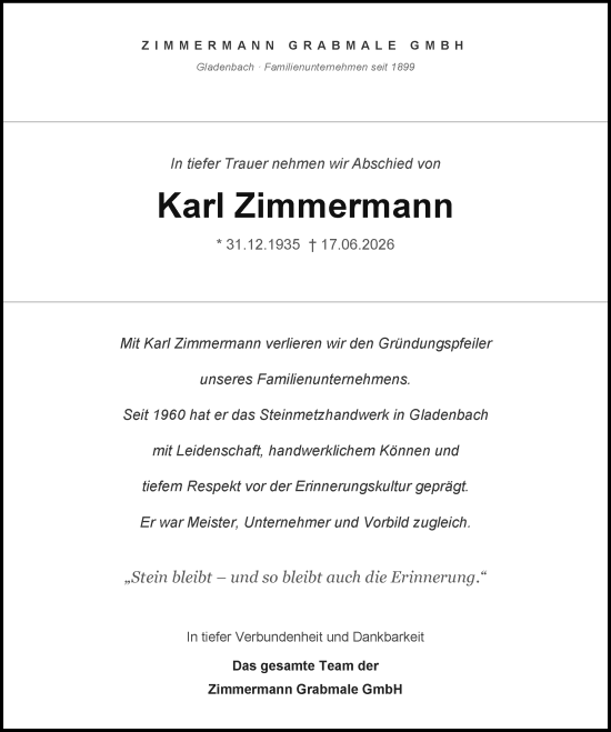 Traueranzeige von Karl Zimmermann von Hinterländer Anzeiger