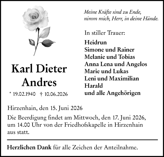 Traueranzeige von Karl Dieter Andres von Dill Block