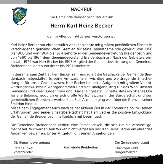 Traueranzeige von Karl Heinz Becker von Hinterländer Anzeiger
