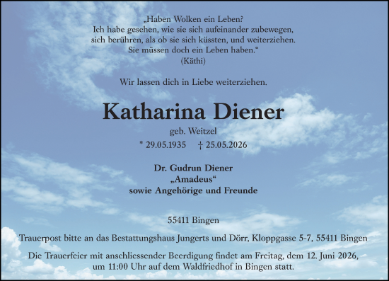 Traueranzeige von Katharina Diener von Allgemeine Zeitung Rheinhessen-Nahe