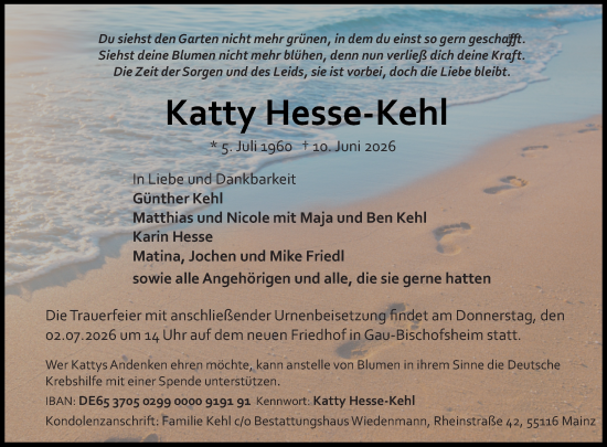 Traueranzeige von Katty Hesse-Kehl von Allgemeine Zeitung Mainz