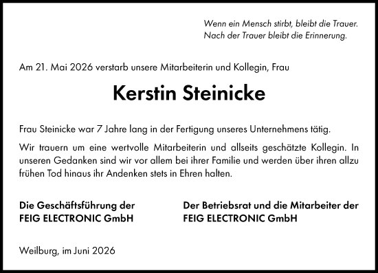 Traueranzeige von Kerstin Steinicke von Weilburger Tageblatt