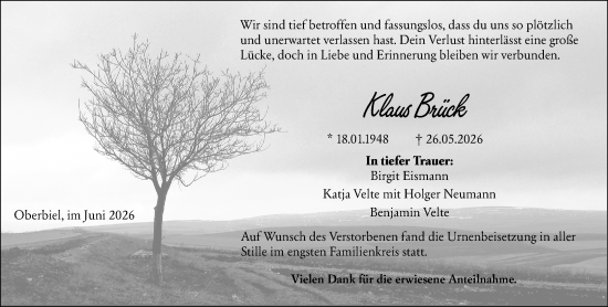 Traueranzeige von Klaus Brück von Wetzlarer Neue Zeitung