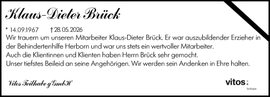 Traueranzeige von Klaus-Dieter Brück von Dill Block