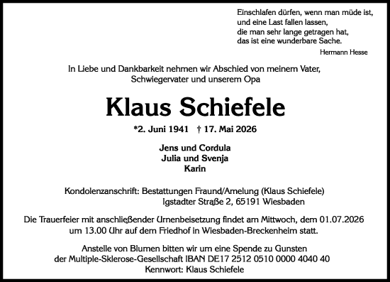 Traueranzeige von Klaus Schiefele von Wiesbadener Kurier