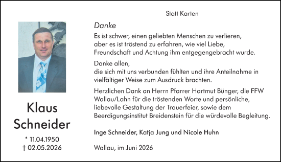 Traueranzeige von Klaus Schneider von Hinterländer Anzeiger