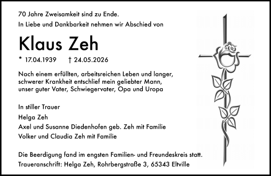 Traueranzeige von Klaus Zeh von Rheingau Kurier