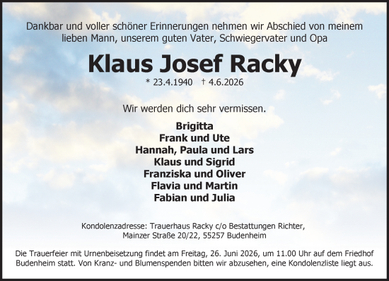 Traueranzeige von Klaus Josef Racky von Allgemeine Zeitung Mainz