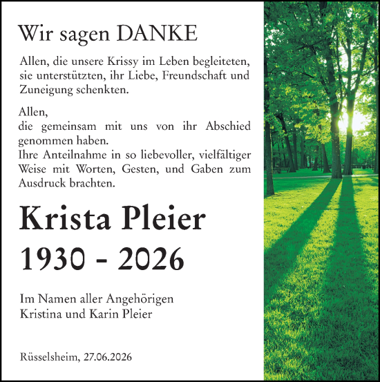 Traueranzeige von Krista Pleier von Rüsselsheimer Echo