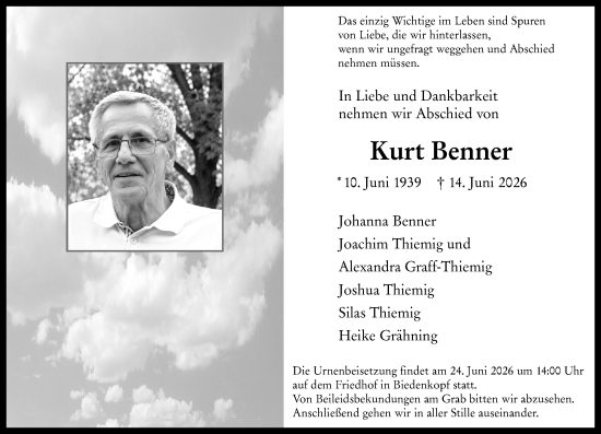 Traueranzeige von Kurt Benner von Hinterländer Anzeiger