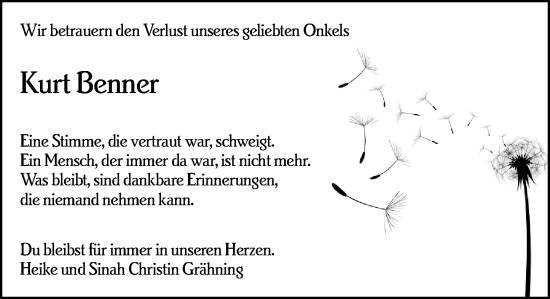 Traueranzeige von Kurt Benner von Hinterländer Anzeiger