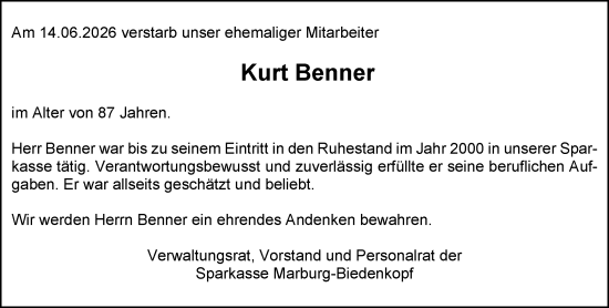 Traueranzeige von Kurt Benner von Hinterländer Anzeiger