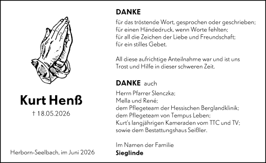 Traueranzeige von Kurt Henß von Dill Block