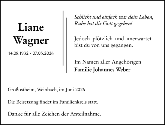 Traueranzeige von Liane Wagner von Weilburger Tageblatt