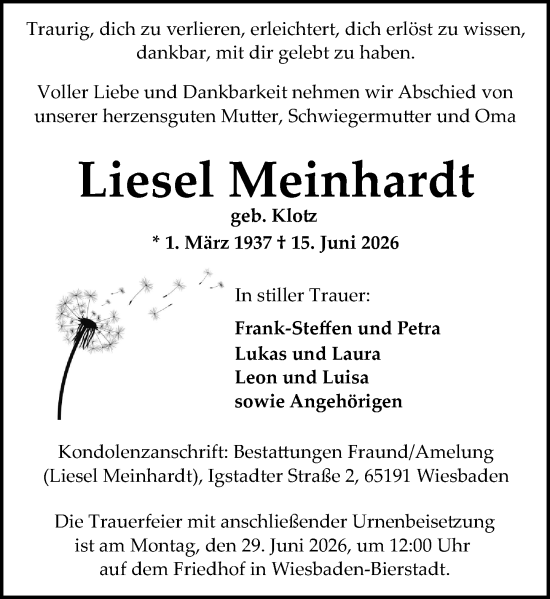 Traueranzeige von Liesel Meinhardt von Wiesbadener Kurier