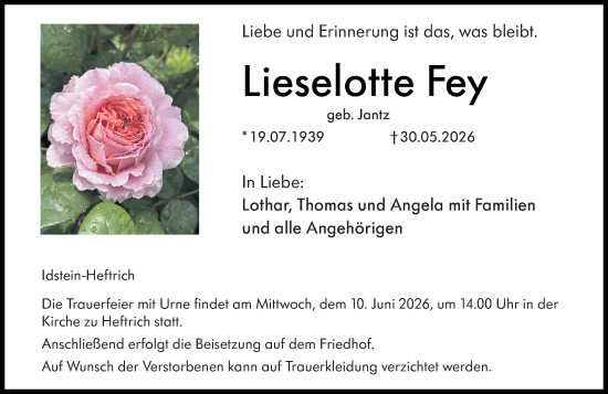 Traueranzeige von Lieselotte Fey von Idsteiner Land/Untertaunus