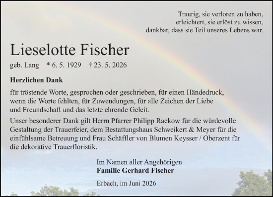 Traueranzeige von Lieselotte Fischer von Odenwälder Echo