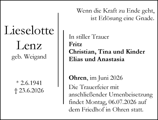 Traueranzeige von Lieselotte Lenz von Nassauische Neue Presse