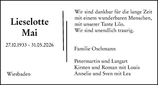 Traueranzeige von Lieselotte Mai von Wiesbadener Kurier