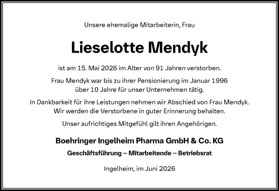 Traueranzeige von Lieselotte Mendyk von Allgemeine Zeitung Rheinhessen-Nahe
