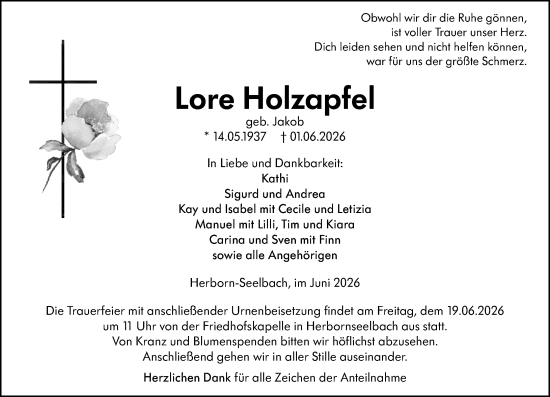 Traueranzeige von Lore Holzapfel von Dill Block