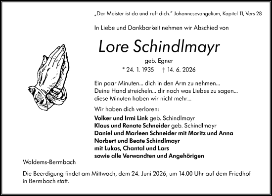 Traueranzeige von Lore Schindlmayr von Camberger Anzeiger
