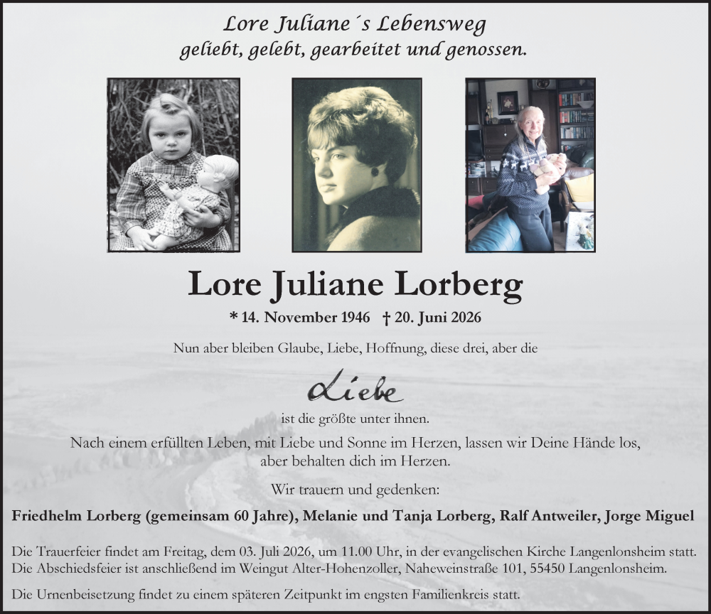  Traueranzeige für Lore Juliane Lorberg vom 01.07.2026 aus Allgemeine Zeitung Rheinhessen-Nahe