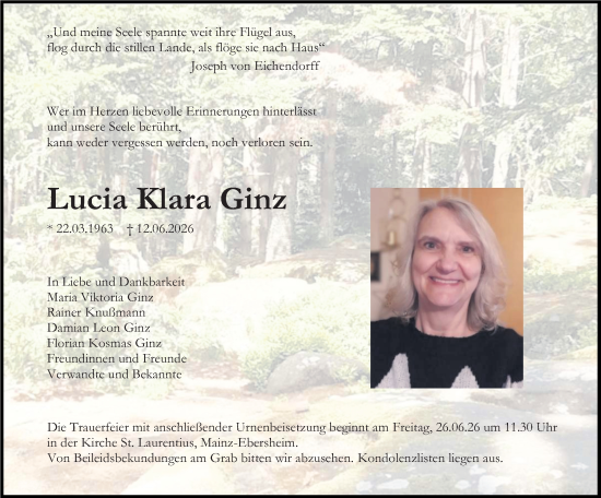 Traueranzeige von Lucia Klara Ginz von Allgemeine Zeitung Mainz