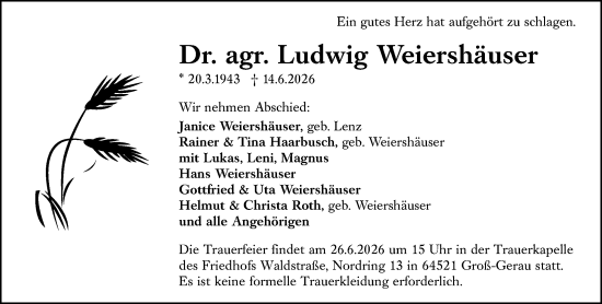 Traueranzeige von Ludwig Weiershäuser von Groß-Gerauer Echo