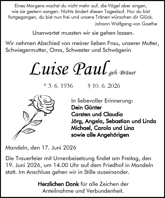 Traueranzeige von Luise Paul von Dill Block