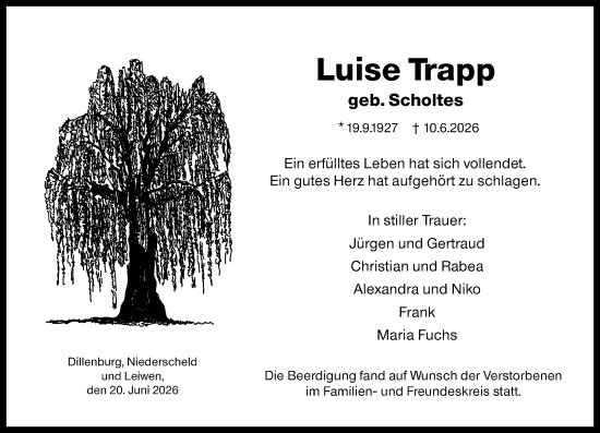 Traueranzeige von Luise Trapp von Dill Block