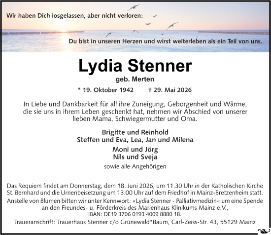 Traueranzeige von Lydia Stenner von Allgemeine Zeitung Mainz