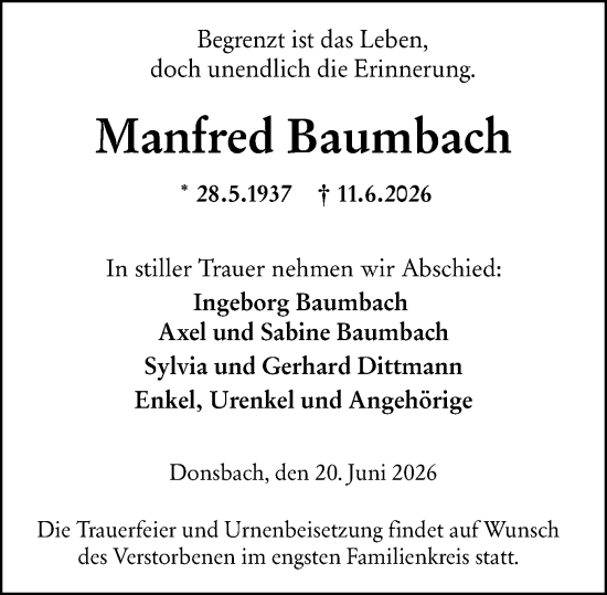 Traueranzeige von Manfred Baumbach von Dill Block