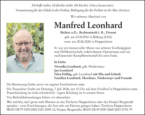 Traueranzeige von Manfred Leonhard von Bergsträßer Anzeiger