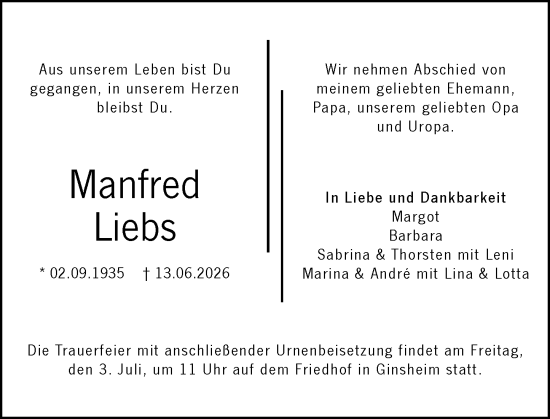 Traueranzeige von Manfred Liebs von Rüsselsheimer Echo