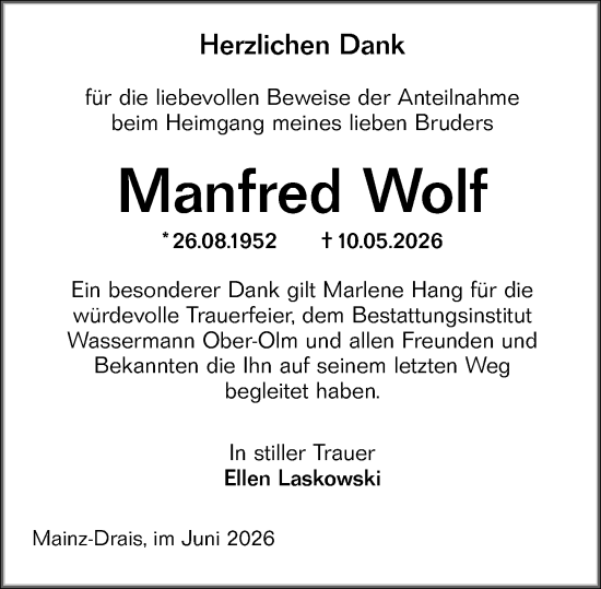 Traueranzeige von Manfred Wolf von Allgemeine Zeitung Mainz