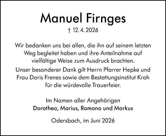 Traueranzeige von Manuel Firnges von Weilburger Tageblatt