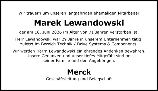 Traueranzeige von Marek Lewandowski von Darmstädter Echo