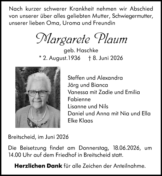 Traueranzeige von Margarete Plaum von Dill Block