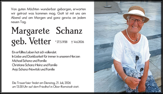 Traueranzeige von Margarete Schanz von Darmstädter Echo