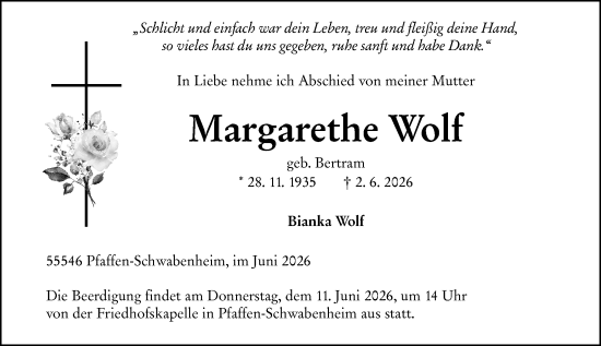 Traueranzeige von Margarethe Wolf von Allgemeine Zeitung Rheinhessen-Nahe