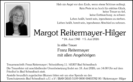 Traueranzeige von Margot Reitermayer-Hilger von Rheingau-Taunus-Kreis Wochenblatt