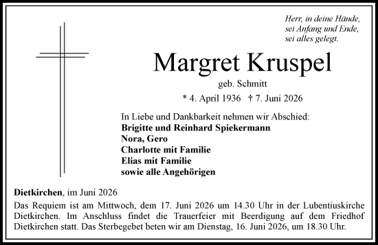 Traueranzeige von Margret Kruspel von Nassauische Neue Presse