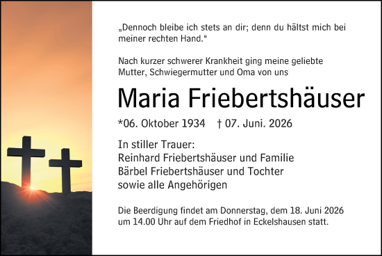 Traueranzeige von Maria Friebertshäuser von Hinterländer Anzeiger