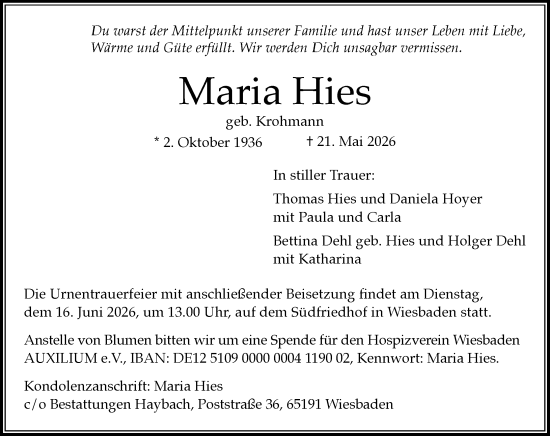 Traueranzeige von Maria Hies von Wiesbadener Kurier