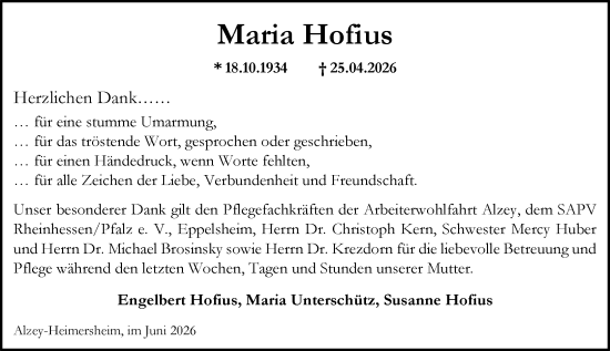 Traueranzeige von Maria Hofius von Allgemeine Zeitung Alzey