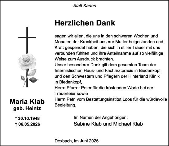 Traueranzeige von Maria Klab von Hinterländer Anzeiger