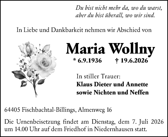 Traueranzeige von Maria Wollny von Darmstädter Echo