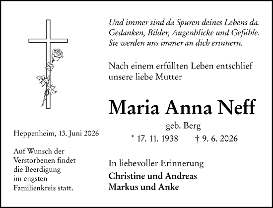 Traueranzeige von Maria Anna Neff von Starkenburger Echo